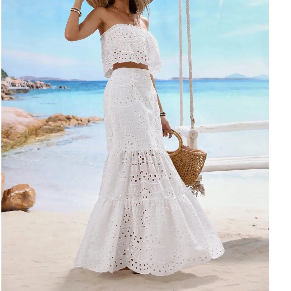 Boho White Eyelet Embroidered Crop Top Maxi Skirt Set - Picture 4 of 6